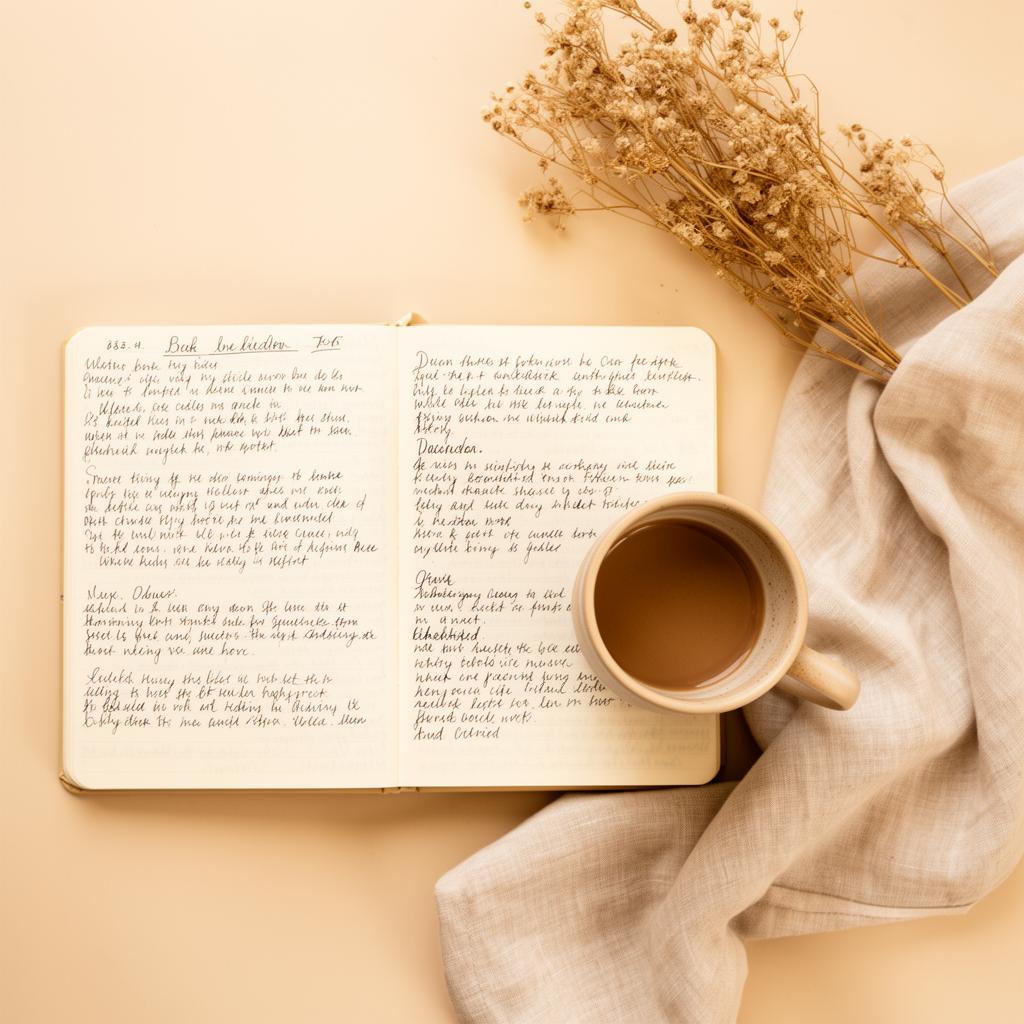 Cuaderno abierto con anotaciones y una taza de café